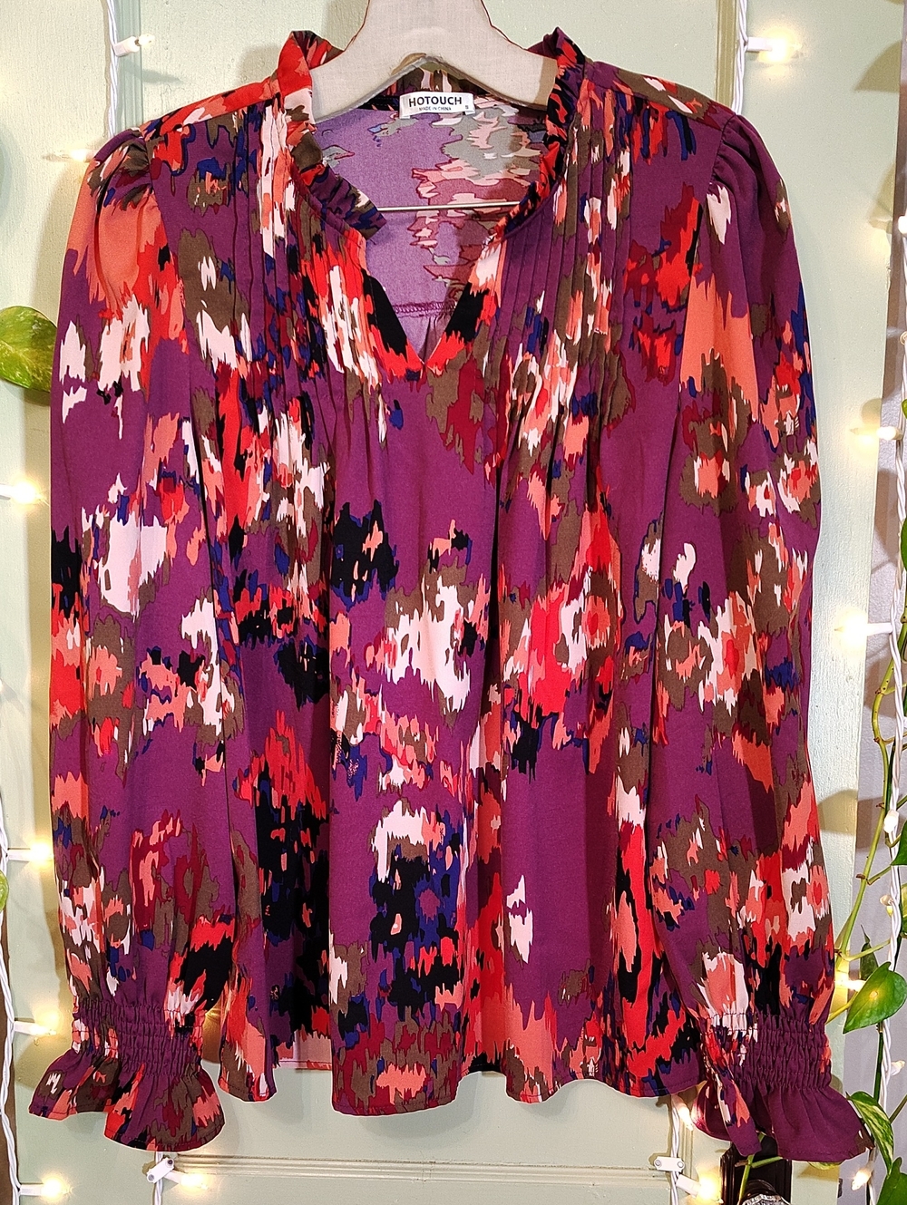 Women's Hotouch Purple Salmon Blue Abstract Ruffle Wrist Flowy Blouse S